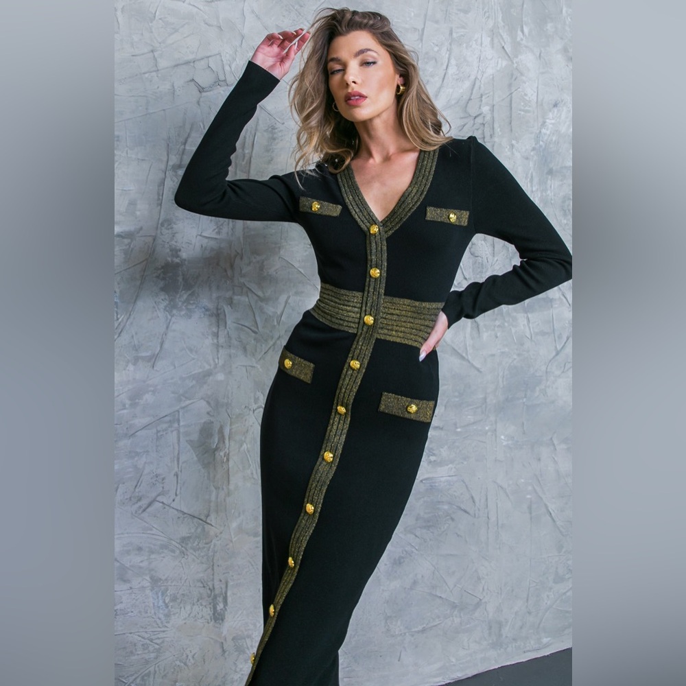 Flying Tomato Black Midi Dress with Gold Trim - Picture 2 of 5